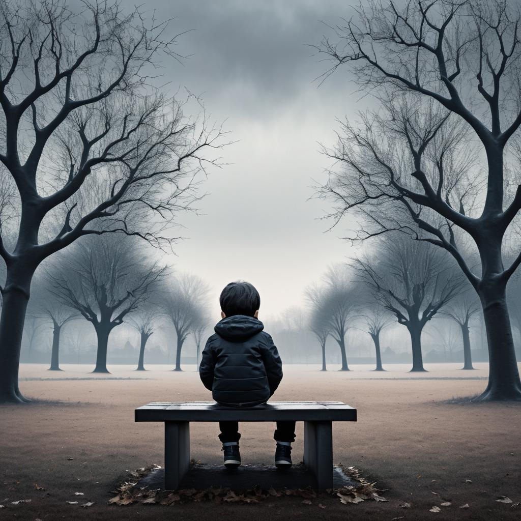 Melancholic Child Surrounded by Lifeless Trees