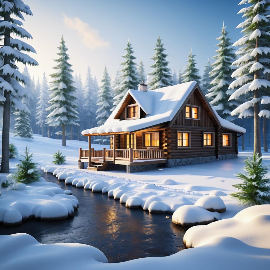 Cozy Cabin in Detailed Winter Landscape