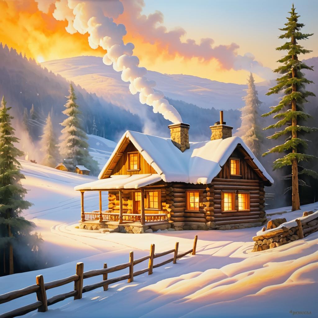 Warm Log Cabin in a Snowy Landscape