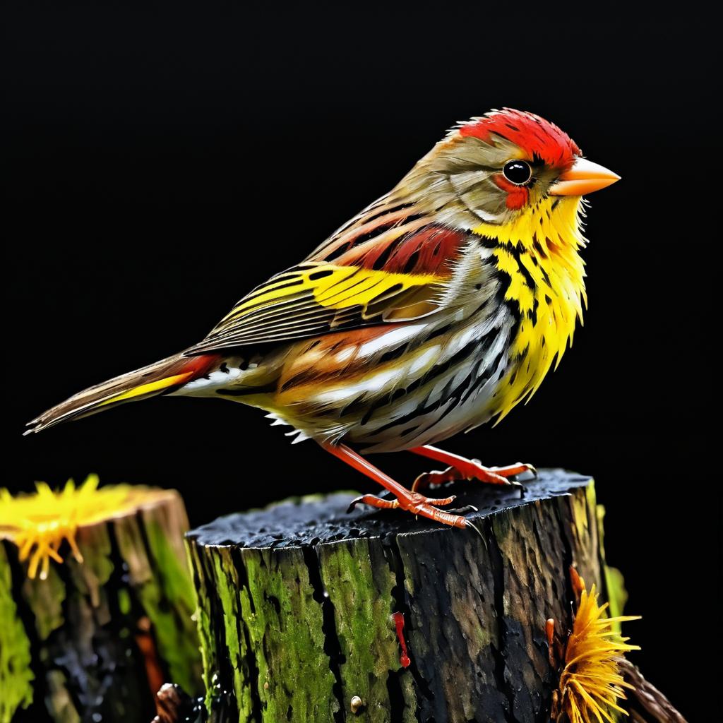 Realistic Finch on Stump with Rain Drops