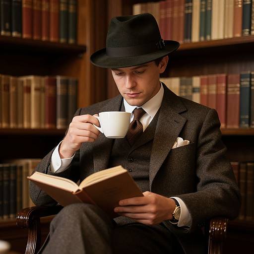 Photograph of a young white man in a dark suit, tie, and black fedora, reading a book while holding a white coffee cup in a