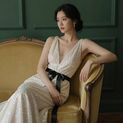 Photograph of a fair-skinned woman with dark hair, wearing a sparkling white V-neck sequin gown with black ribbon, seated on a gold vintage