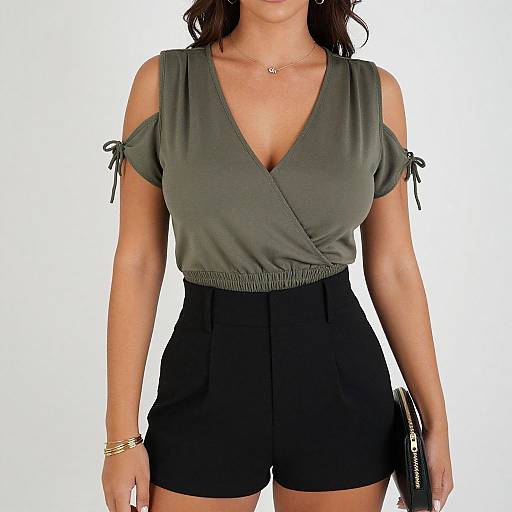 Photograph of a woman in a green V-neck top with short sleeves tied at the shoulders, black high-waisted shorts, gold bracelet, necklace