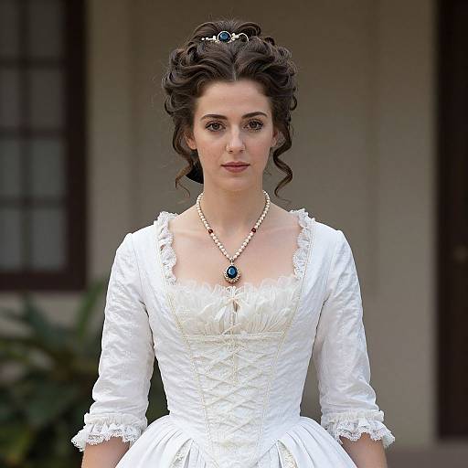 Photograph of a fair-skinned woman with dark wavy hair in an updo, wearing a white, lace-trimmed Victorian-style dress and