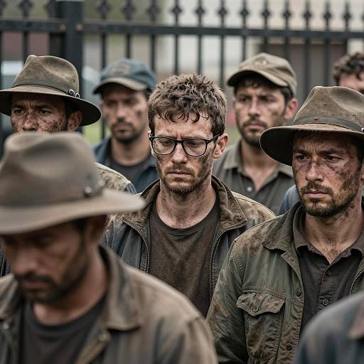 Somber Crowd of Weathered Men