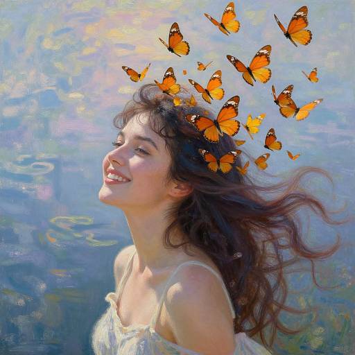 Photograph-style digital art of a smiling woman with long brown hair, wearing a white dress, surrounded by orange butterflies against a blue, textured background.