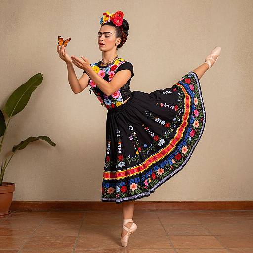 Photograph of a Latina ballerina with dark hair in a red flowered headband, wearing a colorful embroidered black dress, holding a butterfly,