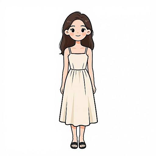 Digital cartoon of a smiling young woman with long brown hair, wearing a sleeveless, cream-colored dress and black sandals.