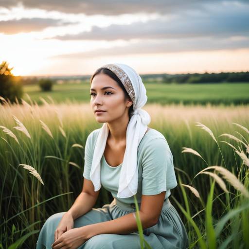 Young Woman in Headscarf Sitting in Green Field