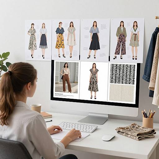 Photograph of a woman with brown hair in a ponytail, wearing a white blouse, sitting at a white desk, designing fashion outfits on a computer