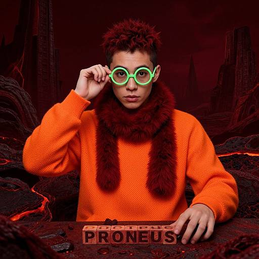 Photograph of a person with curly hair, green circular glasses, orange sweater, and brown fur scarf, sitting in a dark, rocky, red-l