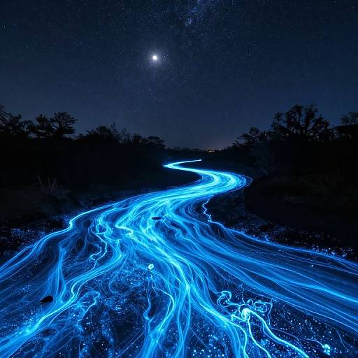 Glowing Bioluminescent River at Night