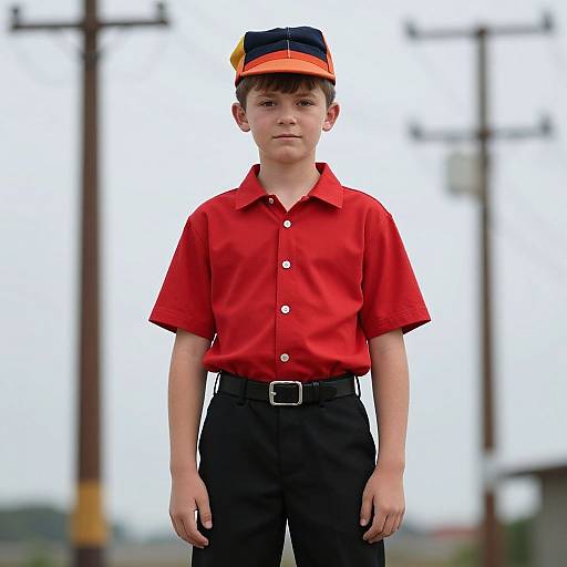 Photograph of a young boy standing outdoors, wearing a red short-sleeve shirt, black pants, and a navy and orange baseball cap. Bl