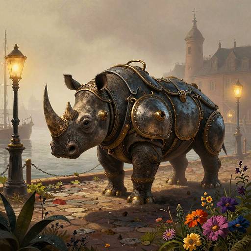 Armored Steampunk Rhinoceros in Foggy Harbor