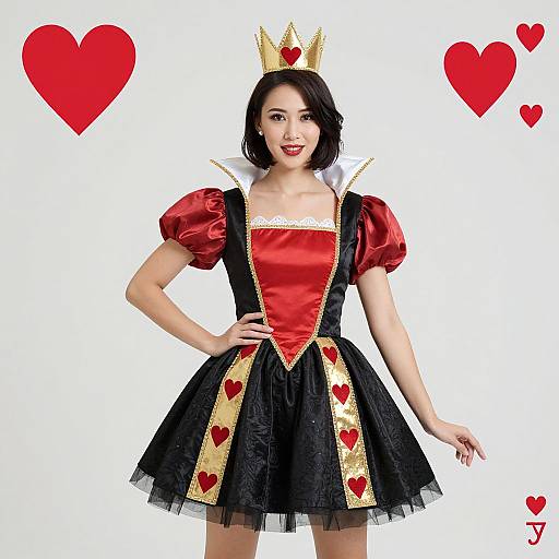 Photograph of an Asian woman in a red puffy-sleeve, black and red heart-patterned, heart-shaped crown, and black tulle