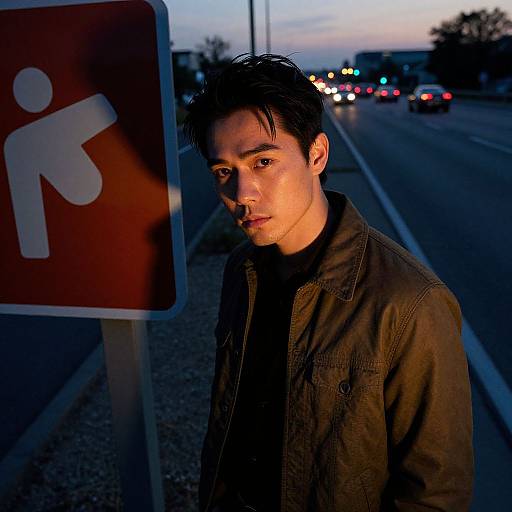 Photograph of a serious young man with short dark hair, wearing a brown jacket, standing beside a pedestrian crossing sign at dusk, with blurred city lights