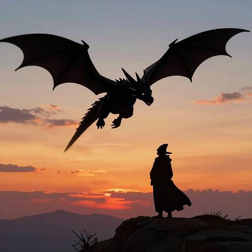 Silhouetted wizard in cloak stands on rocky cliff as dragon with outstretched wings soars against vibrant sunset sky. Digital art.