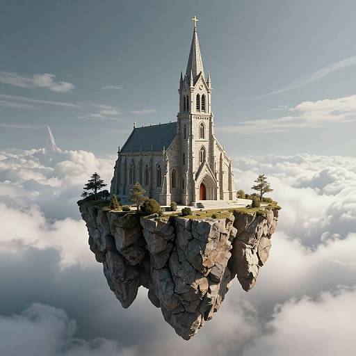 Surreal Floating Stone Church Scene