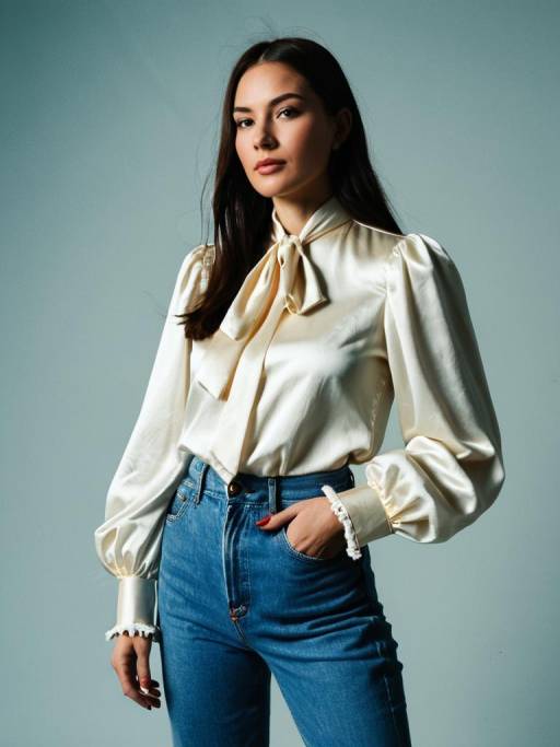 Woman in Ivory Satin Blouse and High-Waisted Denim Jeans