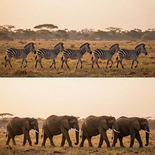 Zebras and Elephants at Sunset