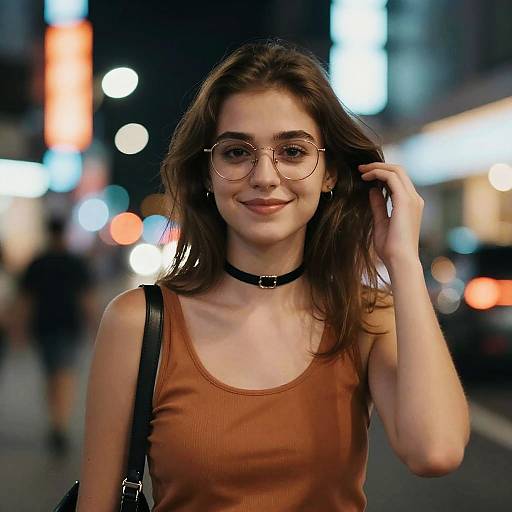 Photograph of a young woman with long brown hair, wearing glasses, a brown tank top, black choker, and black shoulder bag, smiling in