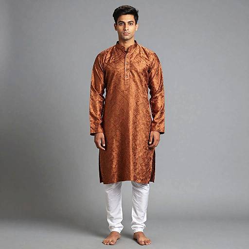 Photograph of a young South Asian man with short black hair, wearing a copper-orange embroidered kurta and white pants, barefoot, against a plain