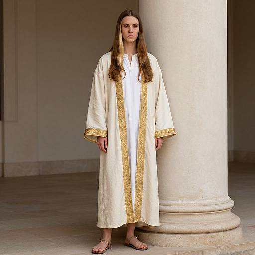 Photograph of a solemn young woman with long brown hair, wearing a white robe with gold trim, standing against a white column, wearing sandals.
