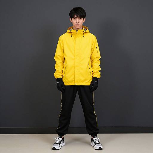 Photograph of an Asian man with short black hair, wearing a bright yellow jacket, black pants, gloves, and white sneakers, standing against a dark
