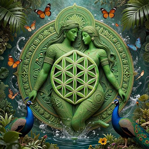 Digital artwork of two green, intricately detailed Hindu deities with lotus crowns, embracing, surrounded by orange butterflies, peacocks, and