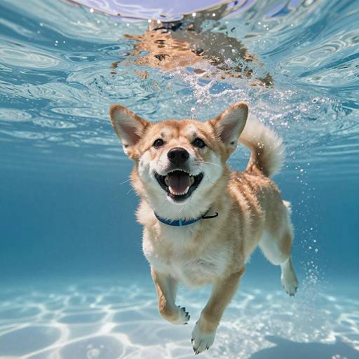 Joyful Dog Swimming Underwater in Summer
