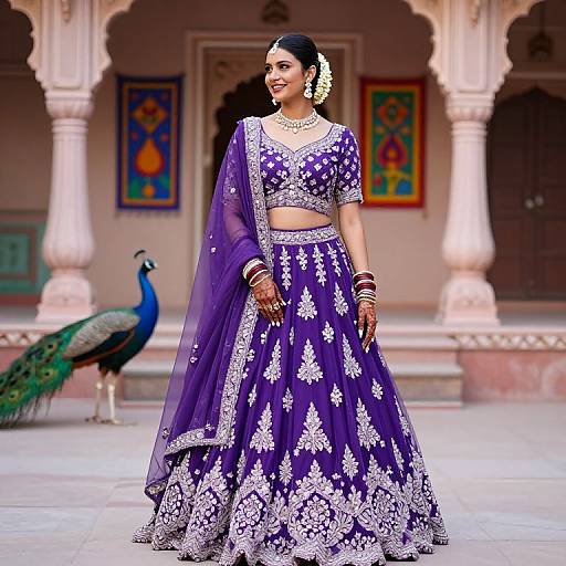 Photograph of an Indian woman in a vibrant purple lehenga with white floral embroidery, standing in an ornate courtyard, adorned with gold jewelry, and