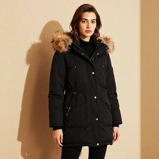 Photograph of a woman with medium-length brown hair wearing a black winter coat with a fur-lined hood, standing against a beige wall.