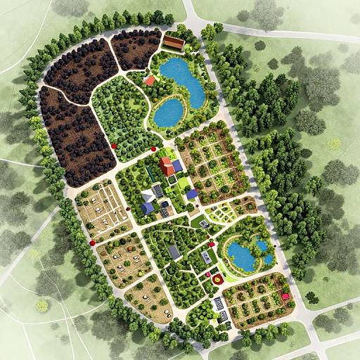Aerial map illustration of a suburban park with two blue ponds, colorful buildings, parking areas, and lush green trees.