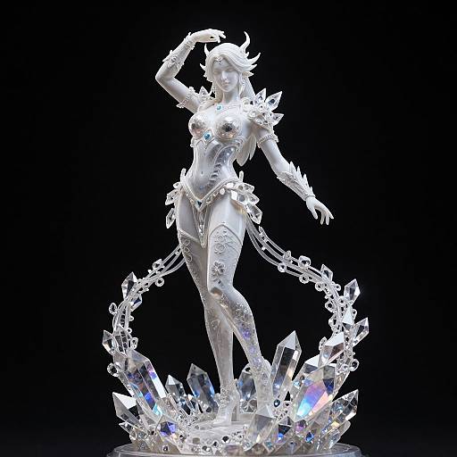 Digital CGI of a white, glowing, elf-like female statue with crystal armor, horns, and crystals around her feet, set against a black background.