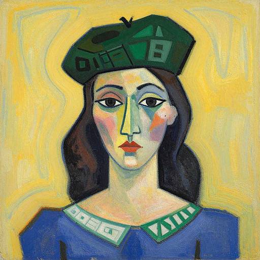 Abstract painting of a woman with pale skin, dark hair, red lips, and green beret, wearing a blue top with white trim, against a