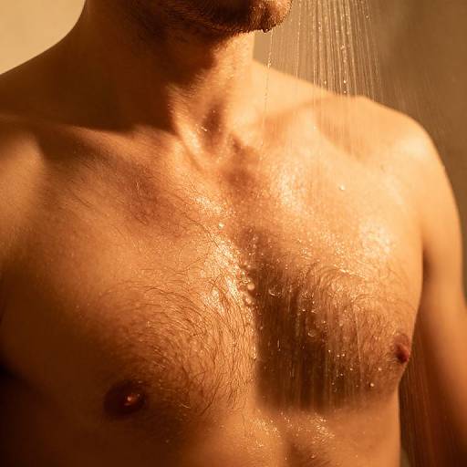 Photograph of a shirtless man with light brown skin, visible chest hair, and small nipples, standing under a shower with water streaming down his torso