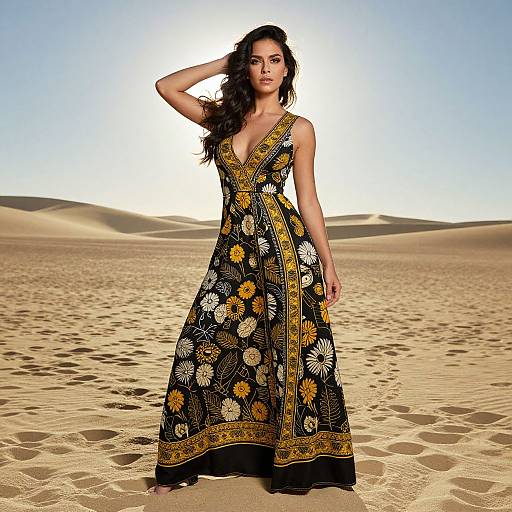 Photograph of a confident woman with long dark hair in a deep V-neck, black floral-patterned dress, standing in a sunlit desert with sand