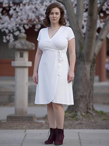 Photograph of a curvy, medium-skinned woman with wavy brown hair, wearing a white V-neck dress and maroon lace-up ankle boots
