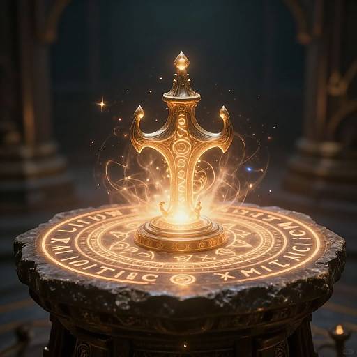 Photorealistic digital art of a glowing, gold, ornate crown on a stone pedestal with illuminated runes, surrounded by sparks and a dark, mystical