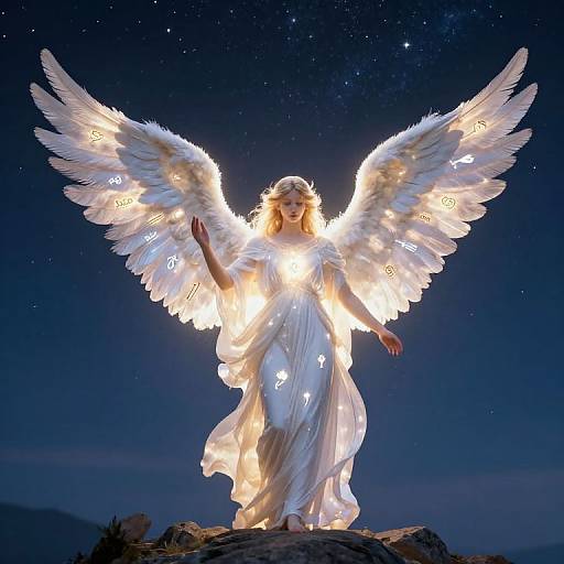 Glowing angel statue with large, illuminated white wings and flowing white gown, standing on a rocky ledge under a starry night sky.