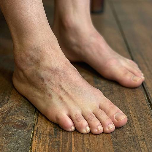 Photograph of a pair of bare, pale-skinned feet with slightly rough skin and visible veins, standing on a dark wooden floor.