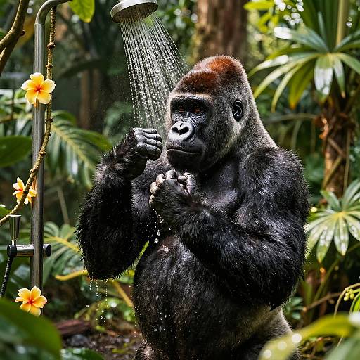 Photograph of a large, black-furred gorilla showering in a lush, tropical jungle setting with water droplets and yellow flowers in the background
