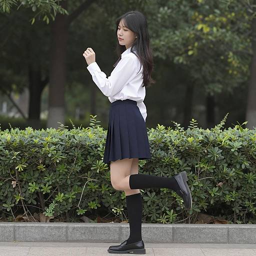 Asian Woman in White Blouse and Blue Pleated Skirt Outdoors