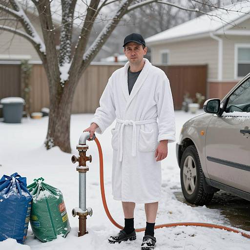 Man in Bathrobe Holding Hose in Snowy Yard
