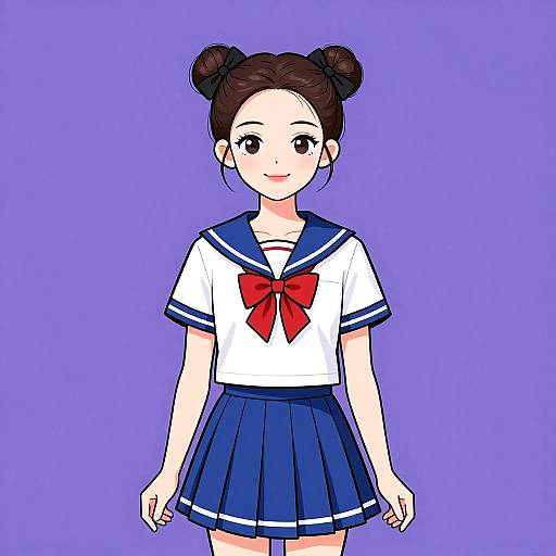 Digital anime-style drawing of a cute young girl with brown hair in double buns, wearing a blue sailor school uniform with a red bow, against a
