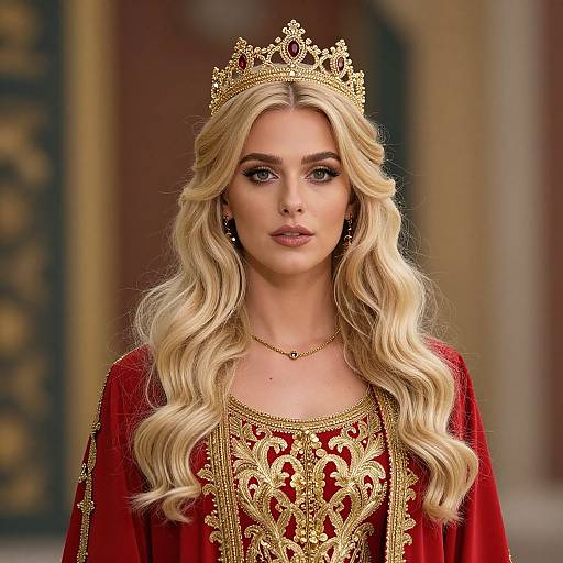 Regal Blonde Woman in Embroidered Dress