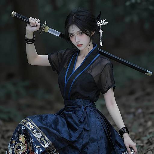 Asian Woman Holding Katana in Traditional Attire