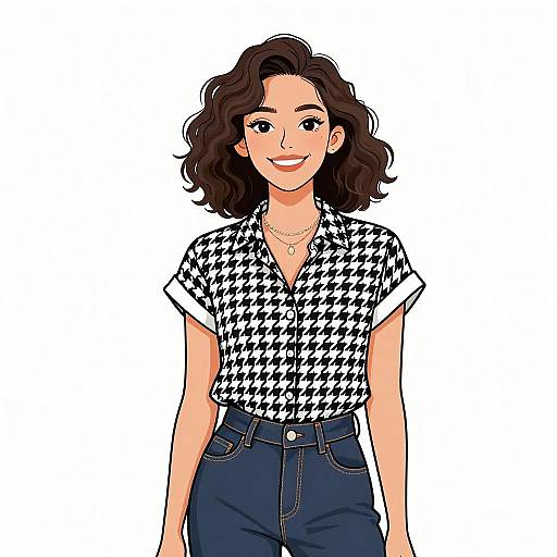 Smiling Woman in Chic Houndstooth Shirt