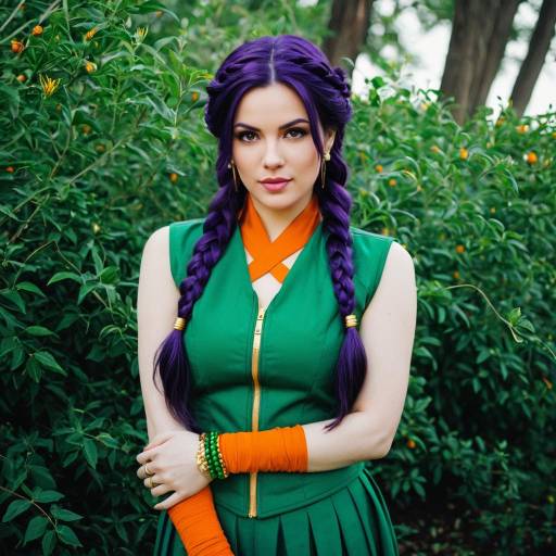 Cosplay Woman in Green and Orange Outfit with Purple Braids