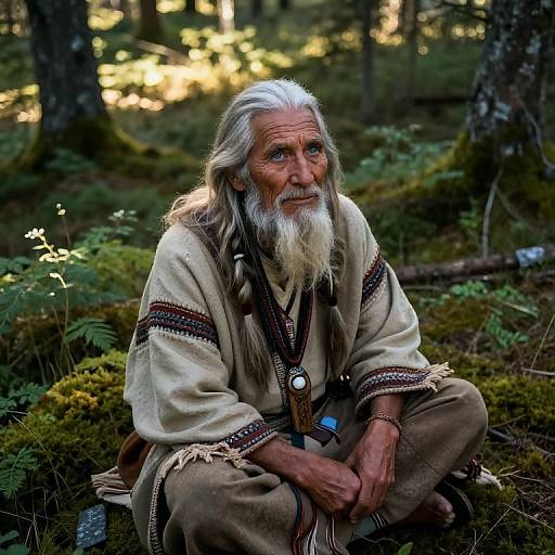 Photograph of an elderly white man with long white hair and beard, dressed in a traditional Native American-style robe, sitting in a sunlit forest.